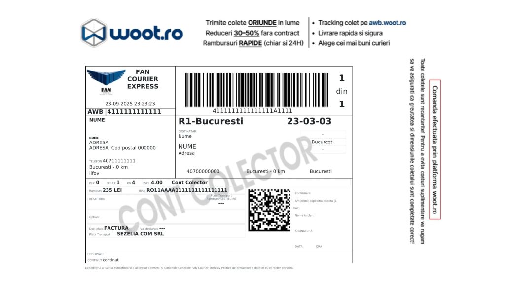 Imagine a unui AWB pentru colete online trimise prin FAN COURIER EXPRESS cu serviciul FANbox