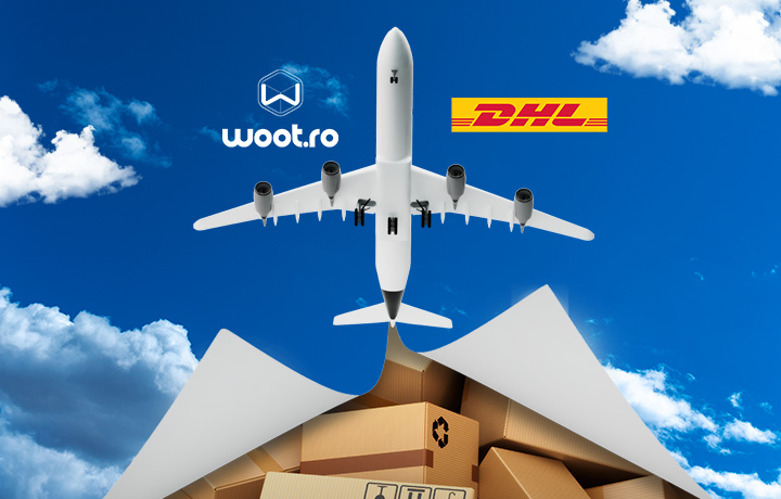 Poza cu un avion si colete de trimis international prin DHL cu woot.ro