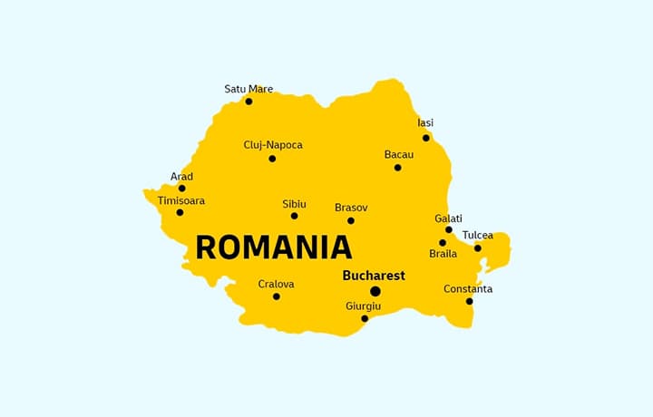 Harta DHL Romania cu principalele centre de livrare: Bucuresti, Cluj, Timisoara, Brasov, Iasi si Constanta