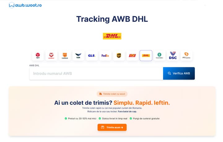 Interfata woot.ro pentru DHL tracking Romania, afisand statusul unei livrari DHL Express in timp real