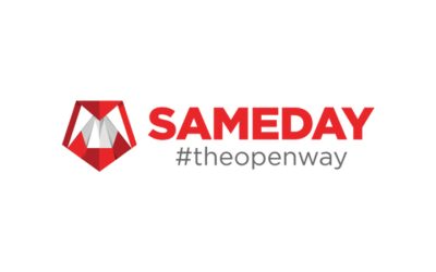 Logo-ul companiei Sameday Courier, cu textul roșu Sameday și sloganul #theopenway pe fundal alb.